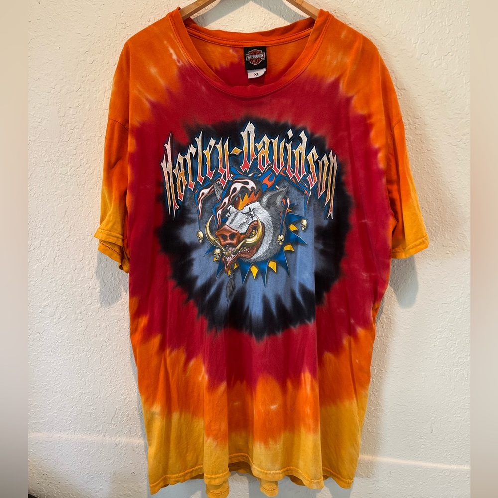 Vintage 90s HARLEY DAVIDSON tie dye hog clown OHIO men’s T-shirt | XL